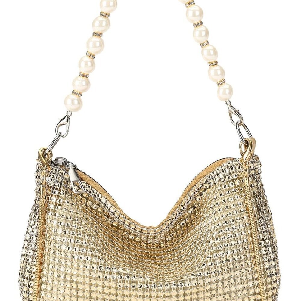 Vegan Leather Clutch Purse Silver Rhinestone Evening Bag with Detachable Chain